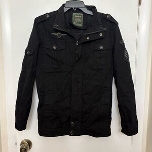 JEEPCO | Military Tactical Bomber Jacket | Black Washed Cotton w/ Patches | L